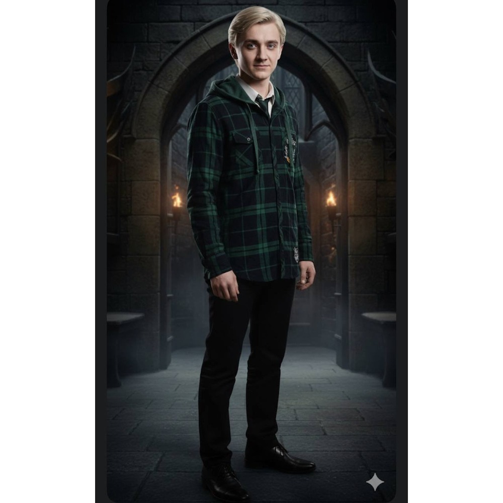 Harry Potter Slytherin Plaid Hooded‎ Flannel Shirt Adult Small Green Black